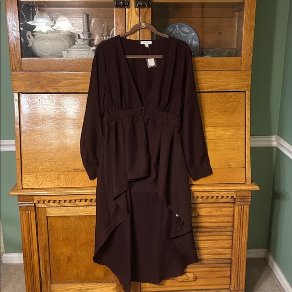 New York & Company Dresses & Skirts - New York & Company Coffee Brown Long Sleeve Midi Chiffon Hi-Low Hem Dress